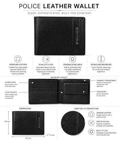 Image of Police Men's Genuine Leather Bifold Wallet with Coin Pocket | 4 Card Slots | Slim Wallet| 2 slip in pockets |Gift box packaging