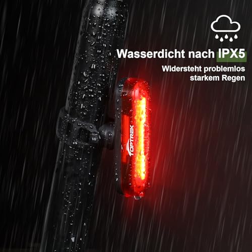 toptrek Rücklicht Fahrrad Sichtweite 200 Metern | Bike Rear Light Led StVZO Zugelassenes | Fahrrad Rücklicht USB-C Aufladbar Batterie | Fahrradlicht Hinten IPX5 Wasserdicht für Rennrad, MTB, E-Bike