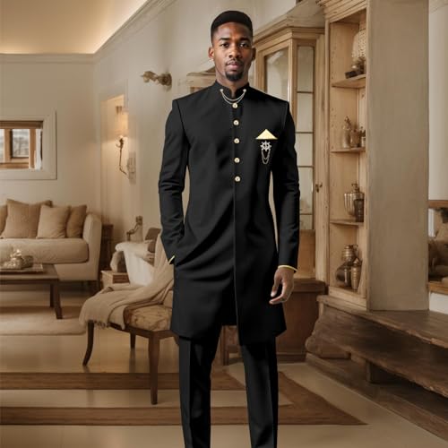 Men`s Suit African Clothing Dashiki Embroidery Chain Single Breasted Shirt and Pants 2 Piece Set Outfits2