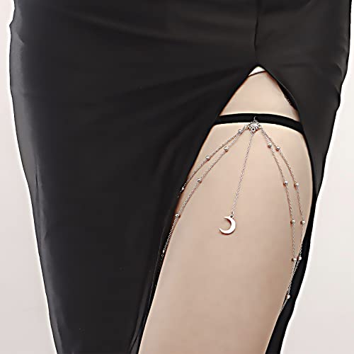 Yienate Sexy Mond Oberschenkelkette Silber Quaste Halbmond Anhänger Elastische Perlen Geschichtet Beingeschirr Körperkette Boho Bikini Party Körperkette Strand Hottie Beinkette Schmuck für Frauen Cover