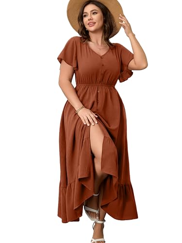 Image of RWJ Women Plus Size Maxi Dress V Neck Short Sleeve Button Trim Split Flowy Tiered Casual Long Dresses 2025 L-3XL