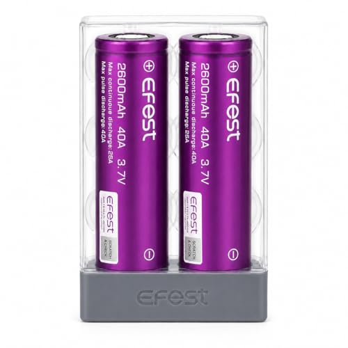 Efest Lot de 2 accus à tête plate 2 600 mAh, 40 A, avec étui de protection en plastique pour mods de vapotage et cigarettes électroniques - Kit Vape sans...