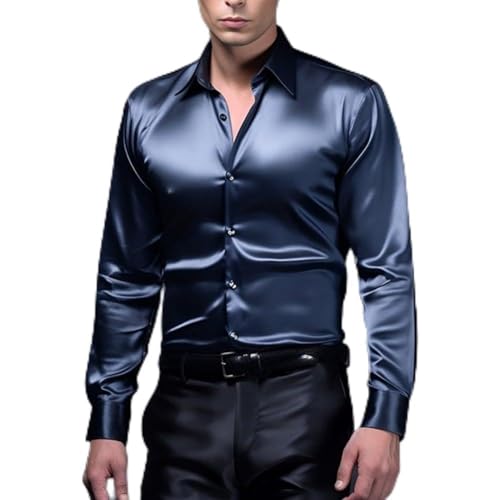 Elegante camisa de vestir ajustada de manga larga para hombre en seda satinada para fiestas y negocios casual (L azul marino)