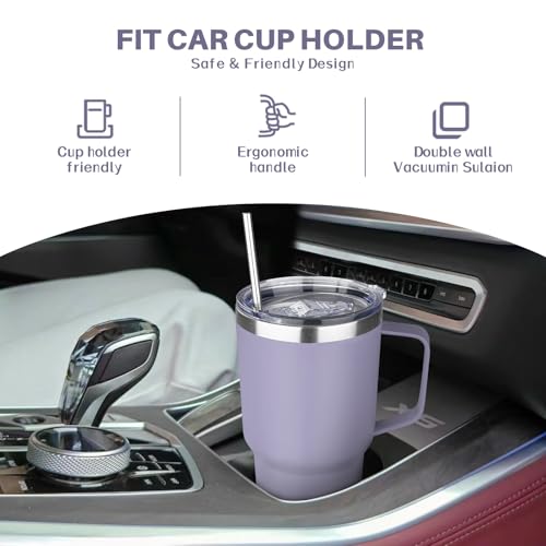Image of 30 oz Tumbler with Handle, Stainless Steel Insulated Tumbler with Lid and Straw, Double Wall Vacuum Insulated Coffee Mug Tumbler, Insulated Coffee Thermal Cup for Cold and Hot (Light Purple)