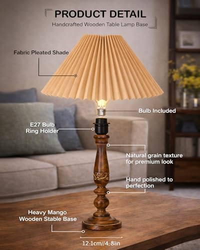 Image of Homesake Floral Carved Wood Table Lamp with Shade | Handcrafted Bedside Lamp, E27 Holder| Bulb Included |Warm Light Night Lamp, Bedroom, Living Room, Study & Home Decor, (Pleated Jute Shade)