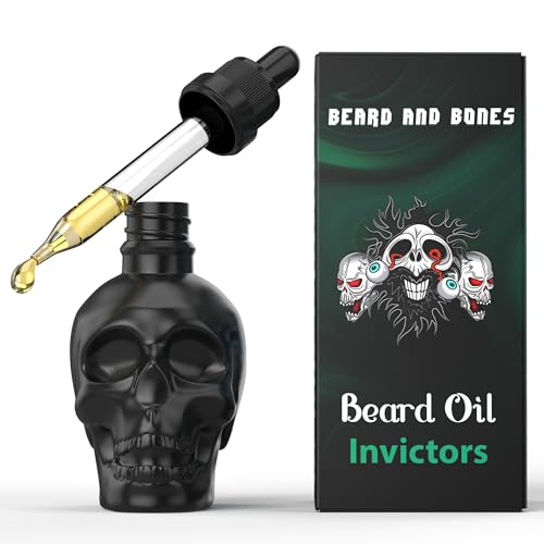 Beard and Bones - 60ml Beard Oil for Men | Nut Free | Natural Carrier Oils of Jojoba, Squalane and Sea Buckthorn Oil | Black Glass Skull | Choice of 6 Scents (Invictors)