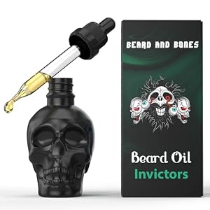Beard and Bones – 60ml Beard Oil for Men | Nut Free | Natural Carrier Oils of Jojoba, Squalane and Sea Buckthorn Oil | Black Glass Skull | Choice of 6 Scents (Invictors)