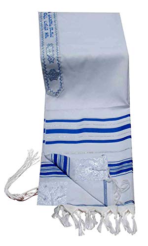 Acrylic Tallit (Imitation Wool) Prayer Shawl Blue and Silver Stripes in Size 47