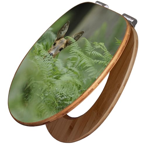 banjado Design WC Sitz Bambus Absenkautomatik 45,8x37,5cm - Toilettendeckel mit Absenkautomatik Holz - hochwertiger Bambus Klodeckel - WC-Sitz für gängigen Toiletten - Motiv Reh