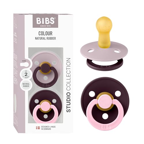 BIBS Colour Studio Soother 2-Pack, BPA Free Dummy Pacifier, Round Nipple. Natural Rubber Latex, Made in Denmark, Size 2 (6-18 Months) - Dusky Lilac/Plum