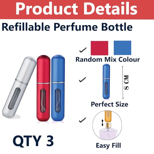 Image of TEMPERIA (3pcs) Mini Perfume Refill Bottle - Empty Small Portable Perfume Atomizer Refillable Dispenser Container - Travel Essentials & Accessories for Women & Men (Multicolour)