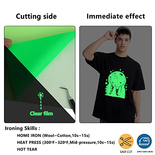 Image of HTVVETUR Glow in The Dark HTV Heat Transfer Vinyl Roll 12 Inch by 5 Feet Iron on DIY for T-Shirt PU Stretch Elastic HTV Vinyl (Dark in Glow Green, 5FT)