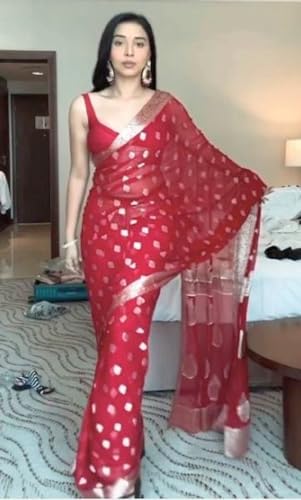 Image of SATAZ Women's Ready to Wear Saree Cotton Linen Silk 1 Minute Pre Pleated Saree with Unstitched Blouse (Red)