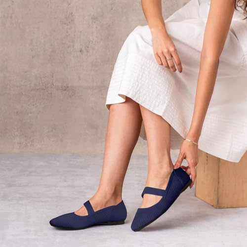 Image of TINGRISE Women's Flats Shoes Pointed Toe Knit Washable Ballet Comfortable Dressy Mary Jane Flat