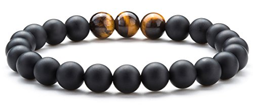 Hamoery Men Women 8mm Tiger Eye Stone Beads Bracelet Elastic Natural Stone Yoga Bracelet Bangle (Matte Tiger Eye)