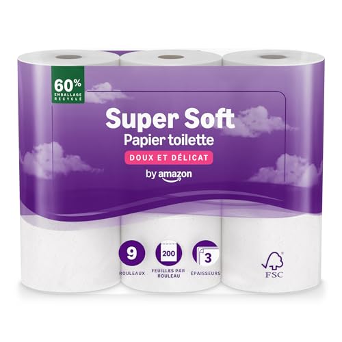 by Amazon Papier Toilette, 3 Épaisseurs Matelassé, Doux et Soyeux, 9 Rouleaux (1 Paquets de 9), 200 Feuilles par Rouleau, Certifié FSC