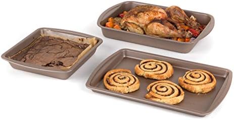 Salter COMBO-4367 Metallic Ovenware Bakeware Set, Non-Stick Baking Tray, Roasting Pan and Square Tin, 26cm/36cm, Easy to Clean, Heat-Resistant Exterior, Carbon Steel, Champagne