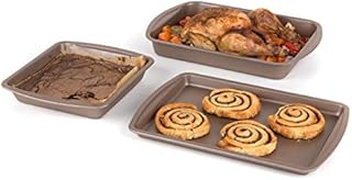 Salter COMBO-4367 Metallic Ovenware Bakeware Set, Non-Stick Baking Tray, Roasting Pan and Square Tin, 26cm/36cm, Easy to Clean, Heat-Resistant Exterior, Carbon Steel, Champagne