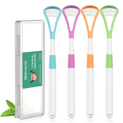 RONAVO Rascador de lengua, limpiador de plástico 2 en 1, cepillo y raspado, con práctica funda de viaje para adultos, niños, sin BPA, lucha contra el mal aliento, aumenta la salud general
