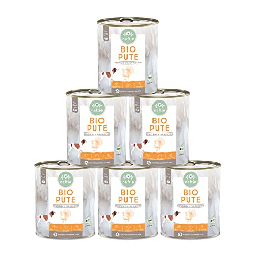 naftie Bio Hundefutter 100% Bio-Pute - Reinfleisch Pute pur - Nassfutter zum Mischen - glutenfrei, getreidefrei - Sparpaket 6X 800g Dosen