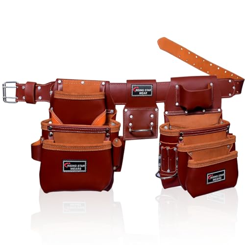 Image of Rising Star Wears Genuine Leather Tool Belt Pouch, 22-Pocket Maroon Tool Bag
