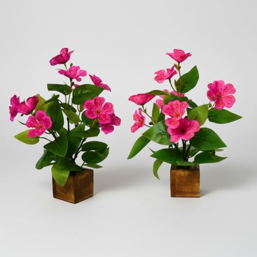 Image of fancymart Artificial Flower Plant Set of 2 with Wooden Pot - 23 cm Height | Real-Touch Faux Floral Decor for Home, Office, Living Room, Bedroom, Desk & Gift Purpose