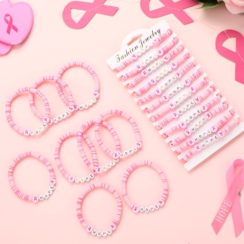 Tondiamo 24 Pcs Hope Breast Cancer Awareness Bracelets for Women Polymer Clay Beaded Ribbon Bracelets Breast Cancer Awareness Accessories Gift Bulk for Women2