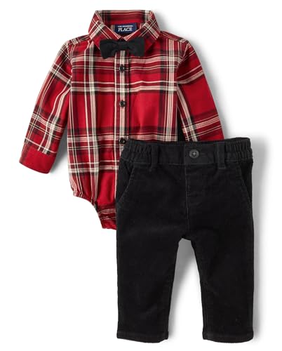 The Children's Place,Baby Boys,and Newborn Button Down Shirt and Pants, 2 Piece Outfit,Redochre,9 Months