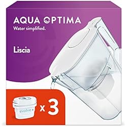 Purificar Agua Para Beber Aqua Optima Liscia Jarra de Filtro de Agua y 3 Cartuchos de Filtro de Agua Evolve+ de 30 Días, Capacidad de 2,5 litros, Para la Reducción de Microplásticos, Cloro, Cal e Impurezas, Blanco