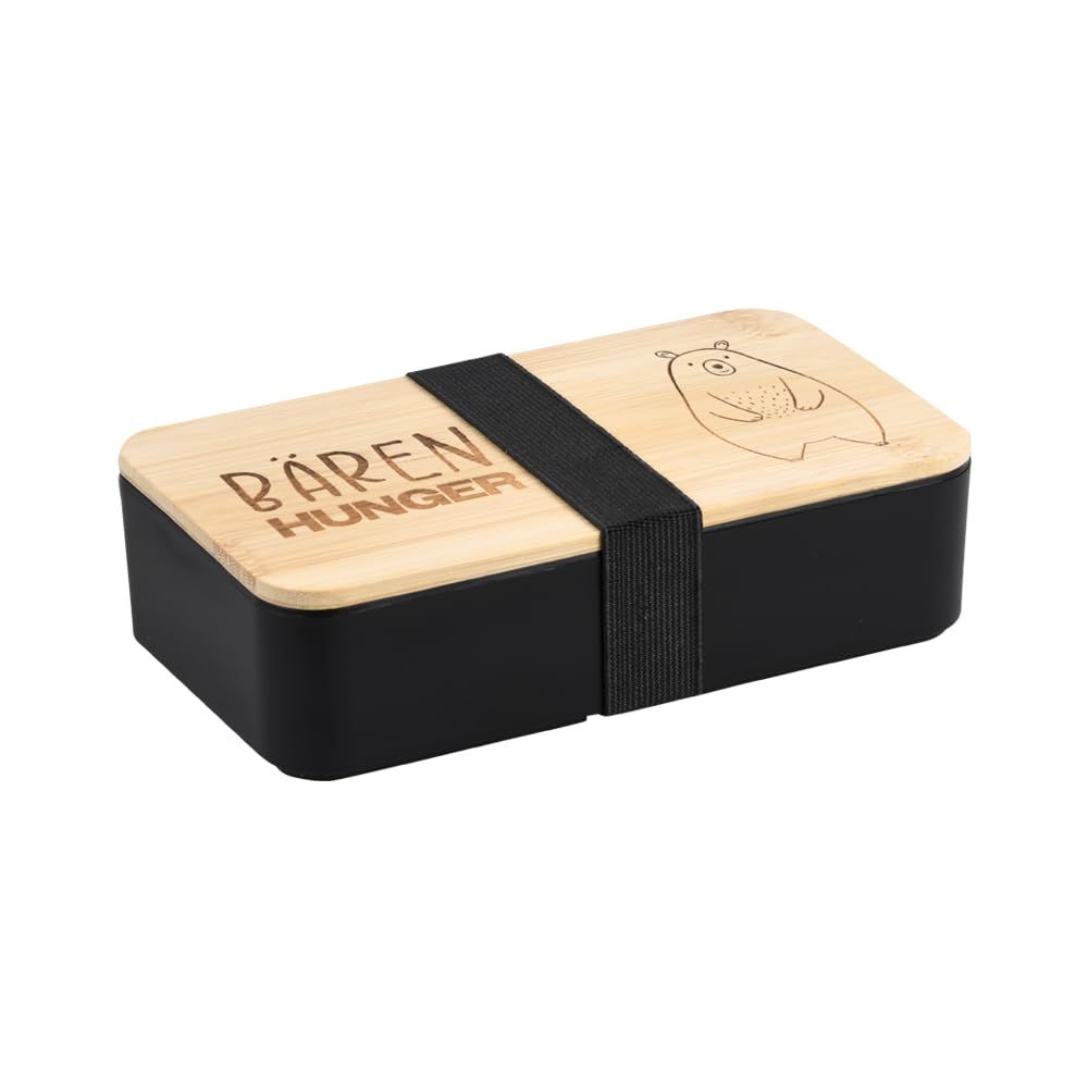 Kesper 58540 Lunch Box Bears Hunger, Material: Plastic, Black, Lid Made of FSC®-Certified Bamboo, with Flexible Fabric Strap, Dimensions: 18.5 x 10.5 x 5 cm