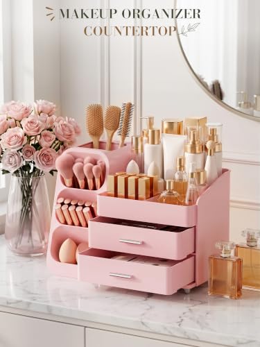 Pink Makeup Organizer with Drawer for Bathroom Countertop Dresser Desk use - image 4