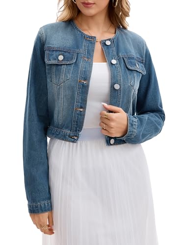 Women's Denim Jacket Collarless Button Down 2025 Western Long Sleeve Jean Jackets