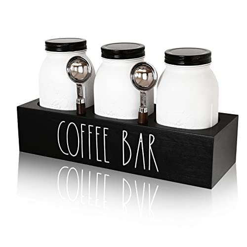Coffee Sugar Tea Canister Set, Coffee Bean Storage Jar with Spoon and Airtight Lids, Coffee Containers, Farmhouse Coffee Bar Accessories, Coffee Station Decor