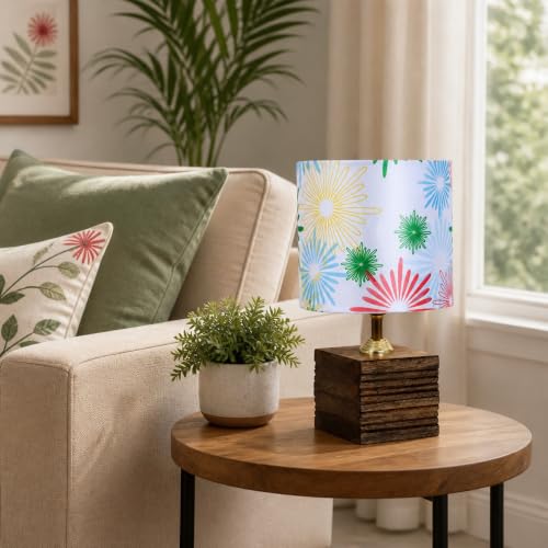 Image of tu casa Bedside Table Lamp Wooden Base Floral Shade Warm Light 12 inch