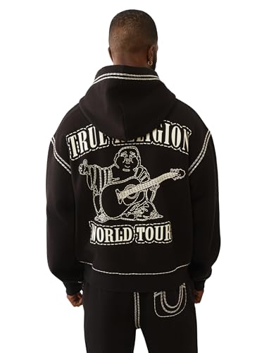 True Religion Men’s Super QT Cinched Zip Up Hoodie | Premium Active Top with Logo Detailing and Full Zip, Jet Black, XXL