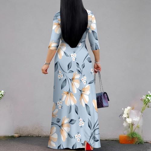Image of Women's V Neck Floral Maxi Dress 3 /4 Sleeve Plus Size Boho Wrap Flowy Long Dresses with Belt