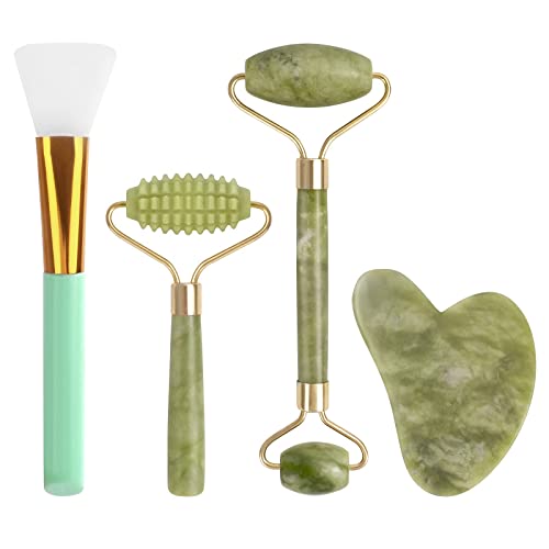 Juego de 4 rodillos de jade para cara y Gua Sha, rodillo facial de jade natural, masajeador de rodillo estriado, para reafirmar la piel, rejuvenecimiento de cara y cuello