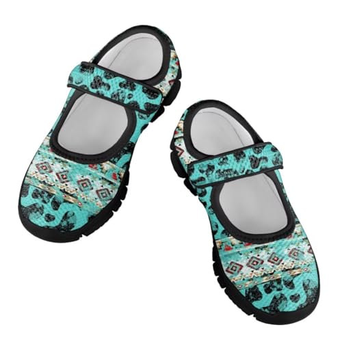 Girls Aztec Print Mary Jane Shoes Toddler Casual School Flats Shoes Anti-Slip Magic Sticker Sneaker