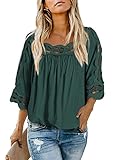 Dokotoo Womens Ladies Plus Size Square CollarTops Lace Shirt Flowy Blouses Casual Solid Color 3/4 Sleeve Hollow Out Pleated Tunic Shirts for Leggings Pullover Tees Green S