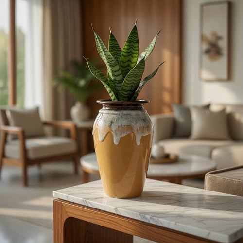 Image of Ceramic Flower Pots for Garden | Big Size Planters for Home Decor, Living Room, Balcony & Office | Multi Utility Vase Gamla for Indoor Outdoor Plants (Hand-Painted, Yellow, 10 Inch)