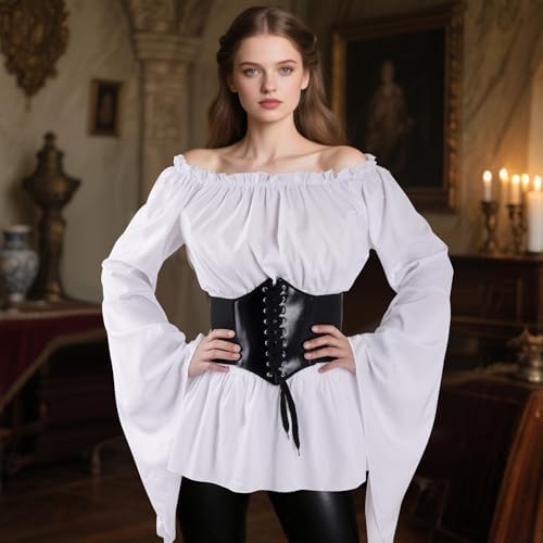 Renaissance top voor dames, middeleeuwse blouse, trompetmouwen, off-shoulder, gothic, Victoriaans shirt met korset, taille, riem, piratenkostuum, wit-chiffon, S