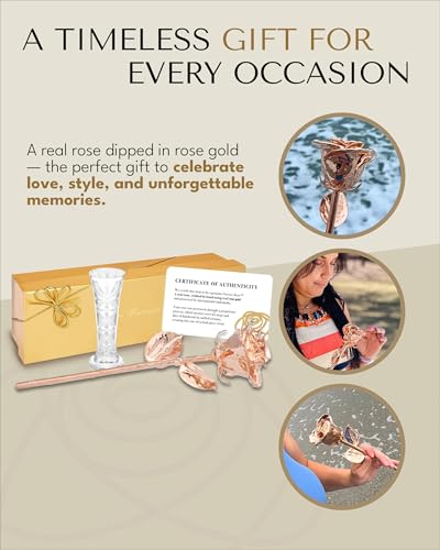 Image of Forever Rose Real Rose Dipped in Rose Gold, Clear Glass Bud Vase & Gold Box