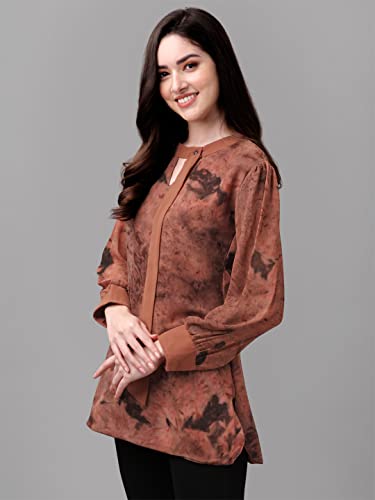 Image of Gufrina Women's Georgette Apple Cut Short Kurti with Long Puff Sleeves Western Style Keyhole Neck Solid Pattern Regular Fit and Mid Thigh Length