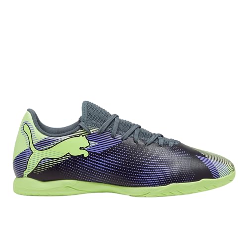 PUMA Men's Future 7 Play Indoor Trainer Soccer Shoes Sneaker, Gray Skies-Elektro Purple-Fizzy Apple-White, 10.5