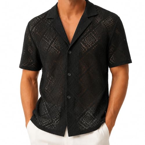 OLEMEK Mens Lace Mesh Shirt, Short Sleeve Open Knit Beach Top Black L