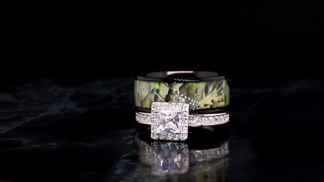 His & Her Camo Wedding Ring Set - Black Titanium Bands & Sterling Silver Halo Engagement Ring