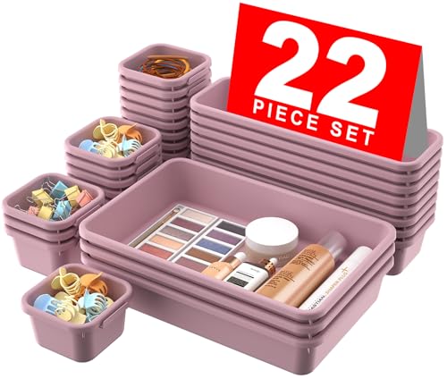 【28pcs】 【5size】 Drawer Organizer, Makeup organizer, 【Holds 177 Items】 Bathroom Organizers and Storage, Plastic Desk Organizer Divider, Organizer Bins(5size)(DeepLilac)