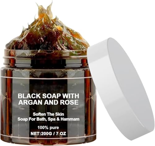 Moroccan Argan Black Soap with Rose Natural Exfoliating Body Scrub | Organic Hammam Soap for Deep Cleansing Softening & Nourishing Skin | 100% Natural Ingredients Argan Oil & Rose Extract.