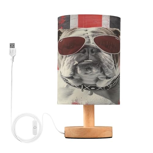SDMKA Bulldog and Flag Bedside Table Lamp for Bedroom, Minimalist Nightstand Lamp with Round Fabric Shade for Living Room, Office, No Bulb Required