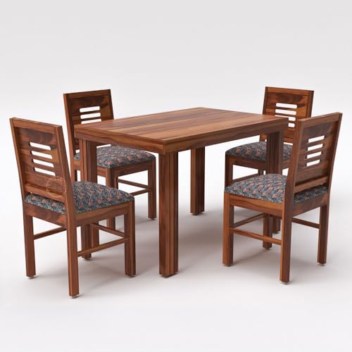 Image of VK Furniture Sheesham Solid Wood 4 Seater Dining Table Set of Four with 4 Print Cushion Chairs for Dinner Hall Kitchen Living Room Home Office Restaurant |L45 X W30 X H30|Brown